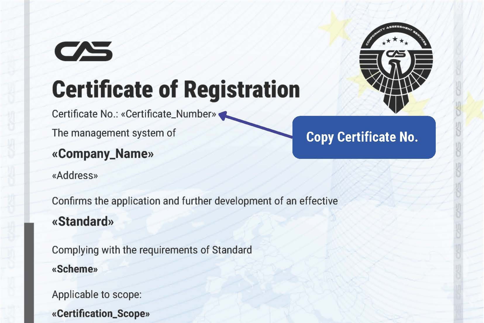 Sample certificate showing where the certificate number is located.