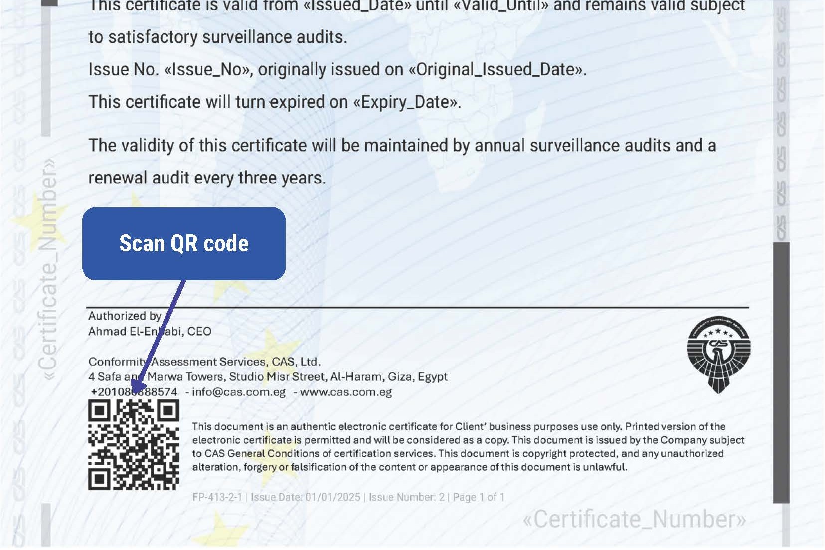 Sample certificate showing where the QR code is located.